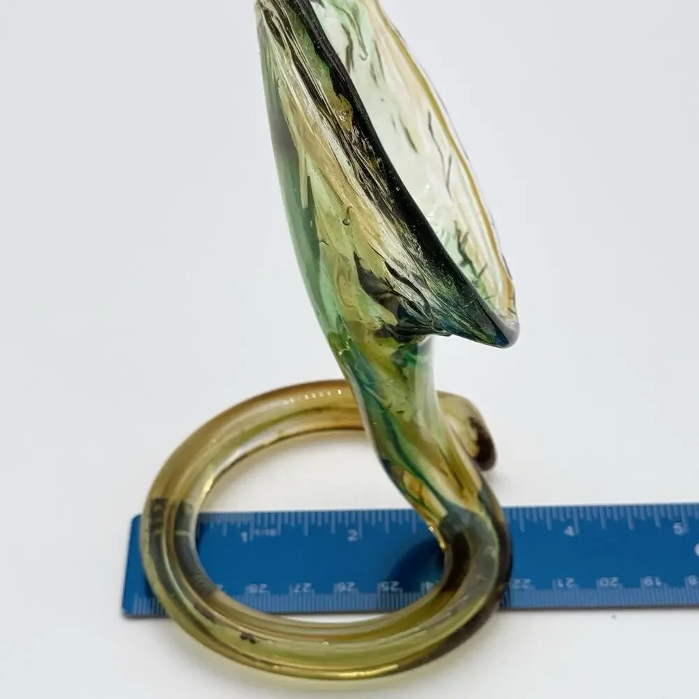 Murano-Style Hand-Blown Green Amber Swirl Art Glass Coiled Base Lilly Vase VTG